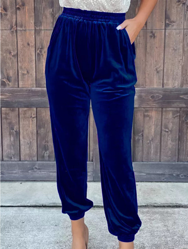 Affluent Velvet Trousers - Straight Leg with Elastic Waist