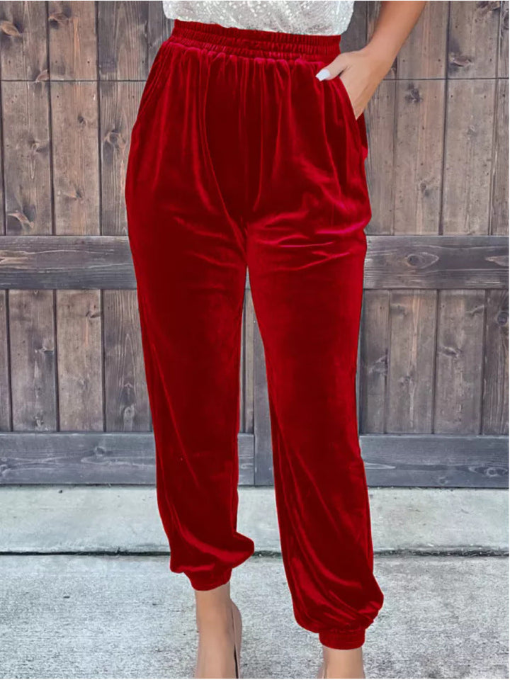 Affluent Velvet Trousers - Straight Leg with Elastic Waist