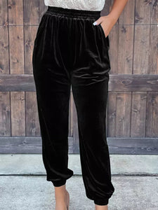 Affluent Velvet Trousers - Straight Leg with Elastic Waist