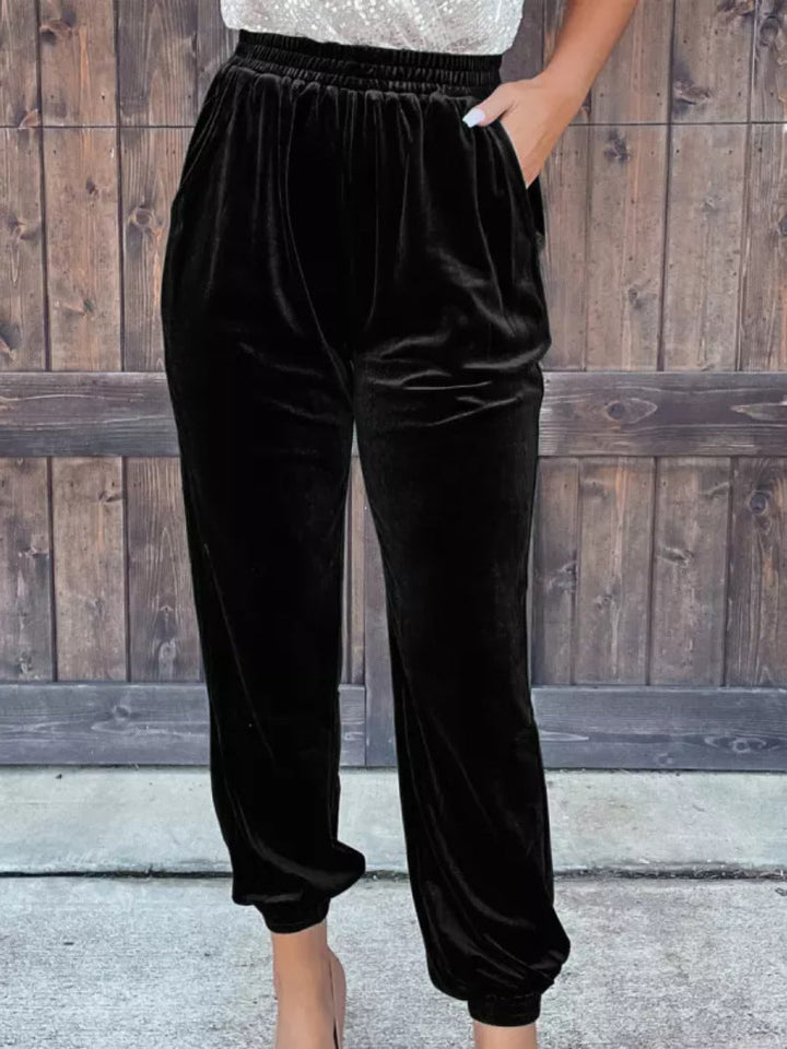 Affluent Velvet Trousers - Straight Leg with Elastic Waist