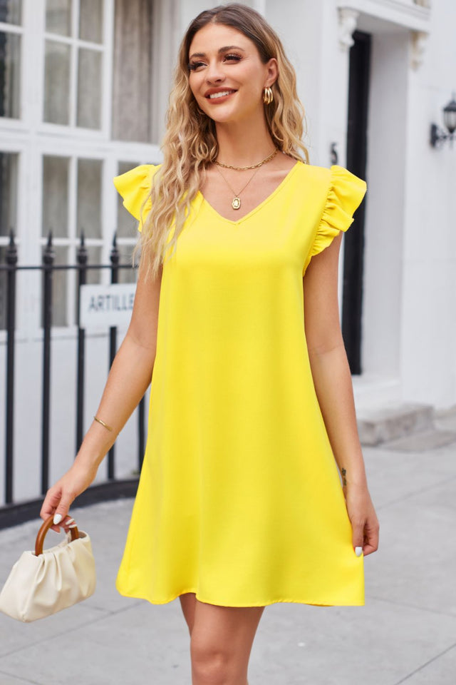 Affluent Ruffled V-Neck Flutter Sleeve Dress