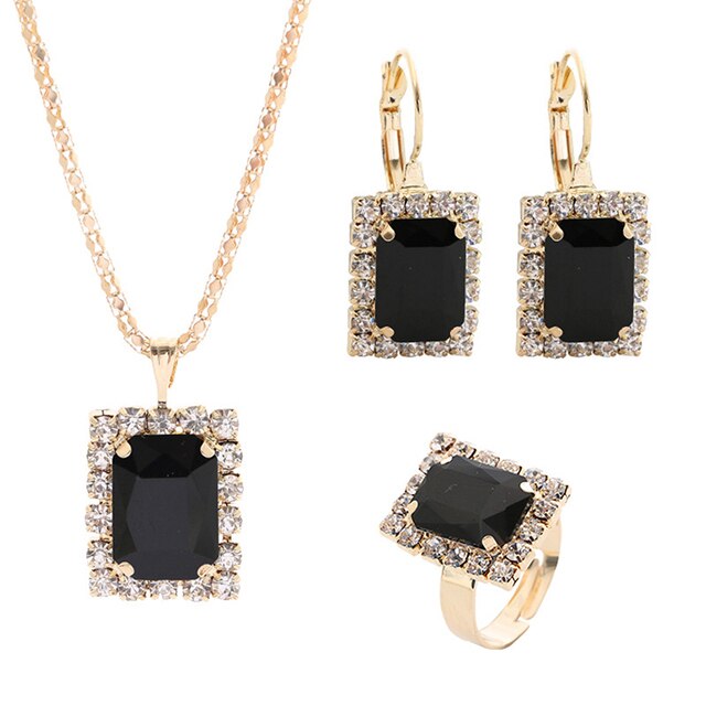 Crystal Jewelry Set - Black Zircon Earrings, Necklace and Ring