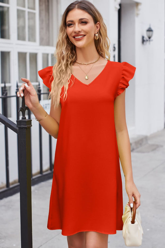 Affluent Ruffled V-Neck Flutter Sleeve Dress