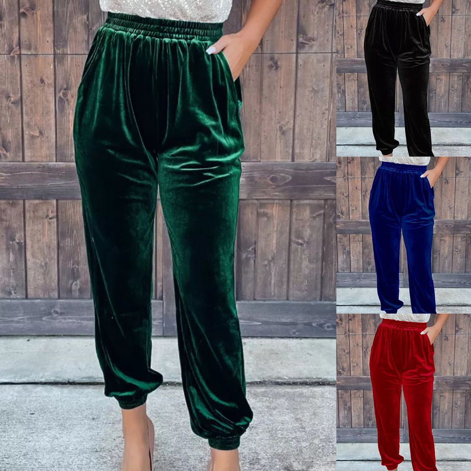 Affluent Velvet Trousers - Straight Leg with Elastic Waist