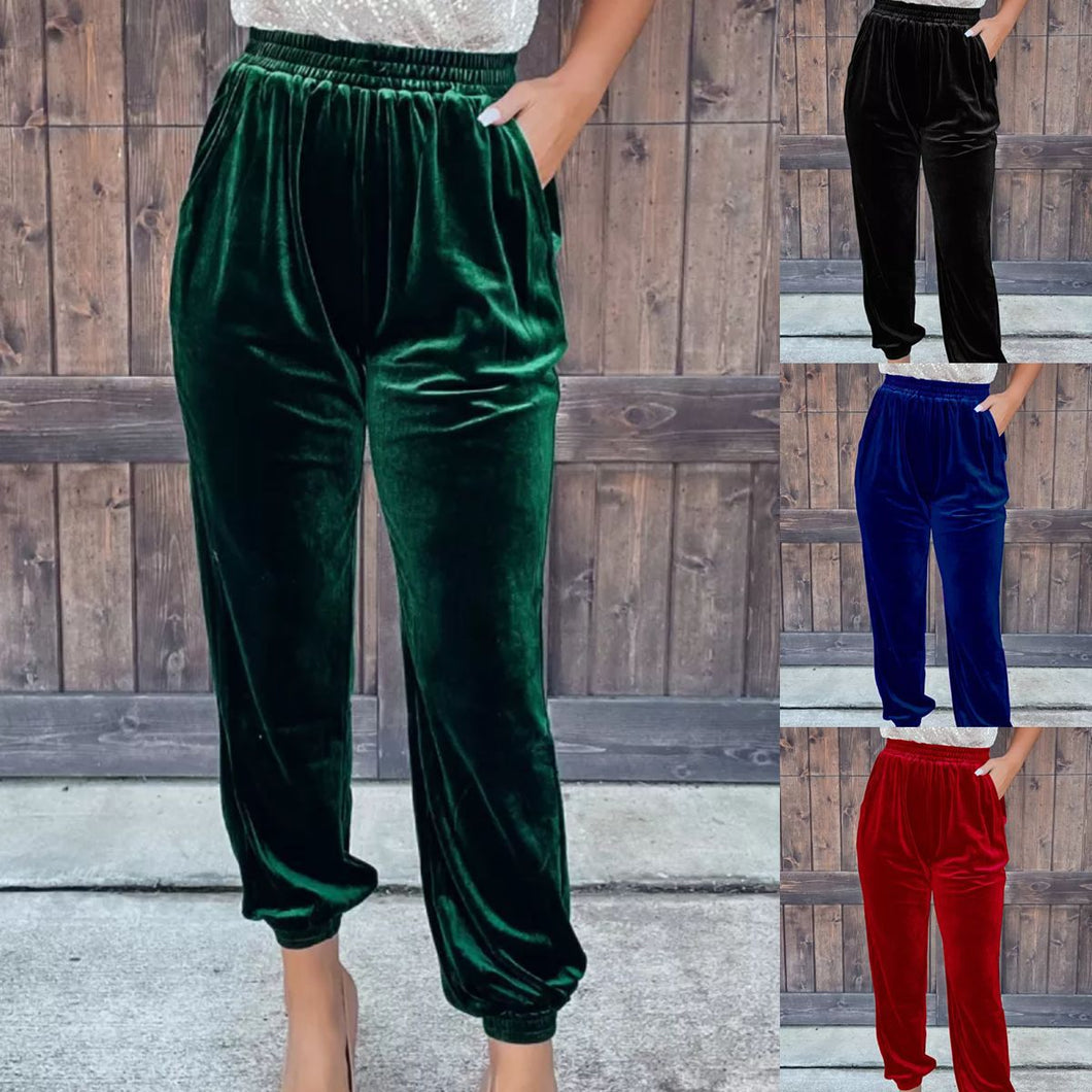 Affluent Velvet Trousers - Straight Leg with Elastic Waist