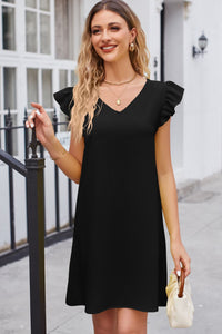 Affluent Ruffled V-Neck Flutter Sleeve Dress