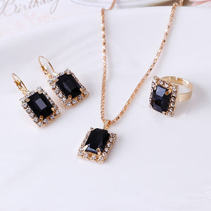 Crystal Jewelry Set - Black Zircon Earrings, Necklace and Ring